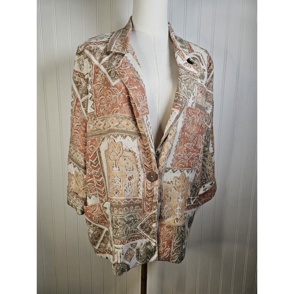 Alice Stuart Vintage Linen‎ Blend Blazer Women's Size M Aztec Boho Chic USA